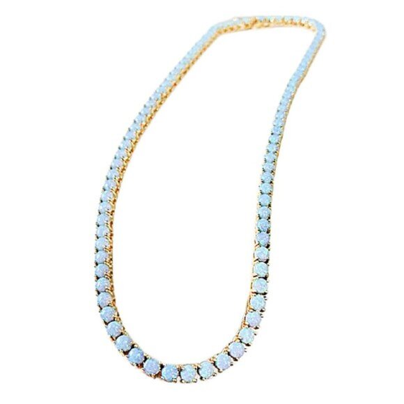 Shimmering Simulated Blue or White Opal Tennis 18K Gold Plated Necklace 16" - Picture 6 of 9